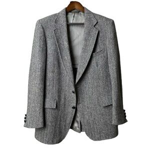 Vintage Adams Row Harris Tweed Size Large Herringbone Gray Wool Blazer